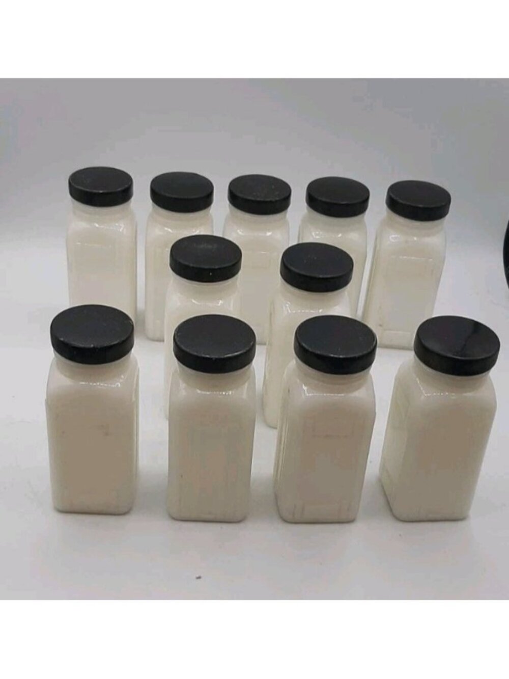 Vintage Art Deco 11 Griffith Milk Glass Spice Jars Bottles Black Lids 4 In Tall